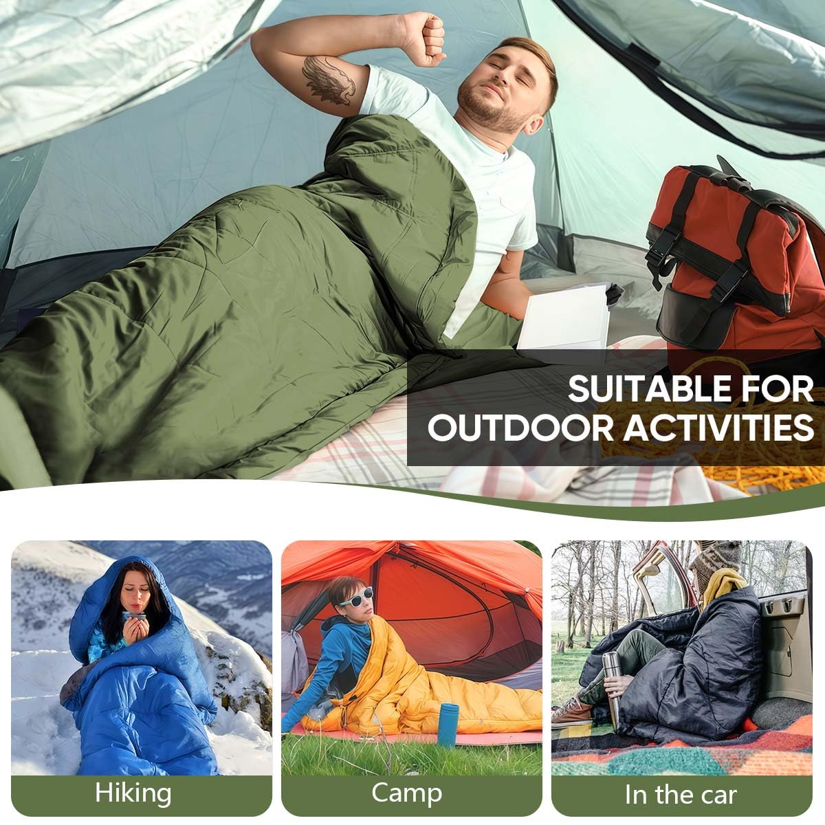 Sleeping Bag Camping Sleeping Bag Ultralight 4 Season Warm Envelope Backpacking Bags for Outdoor Traveling Hiking for Adult(Green 0.95KG)