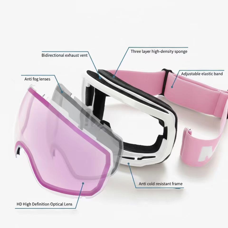Christmas Ski Goggles OTG for Women & Men – Anti-Fog Mirrored Snowboard Goggles with UV400 Protection, Helmet Compatible, HD Clear Wide View + Hard Case
