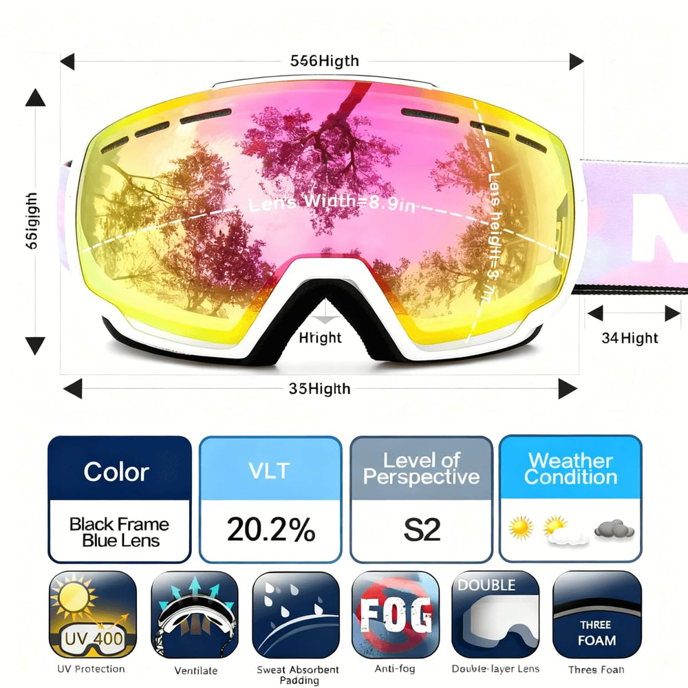 Christmas Ski Goggles OTG for Women & Men – Anti-Fog Mirrored Snowboard Goggles with UV400 Protection, Helmet Compatible, HD Clear Wide View + Hard Case