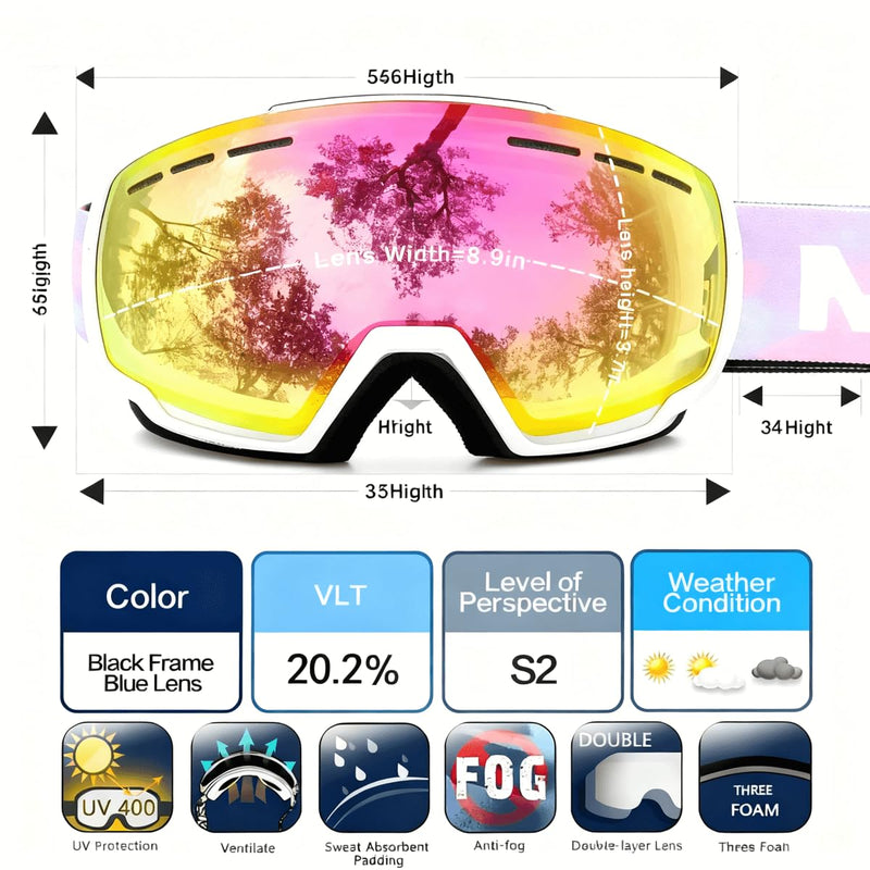 Christmas Ski Goggles OTG for Women & Men – Anti-Fog Mirrored Snowboard Goggles with UV400 Protection, Helmet Compatible, HD Clear Wide View + Hard Case