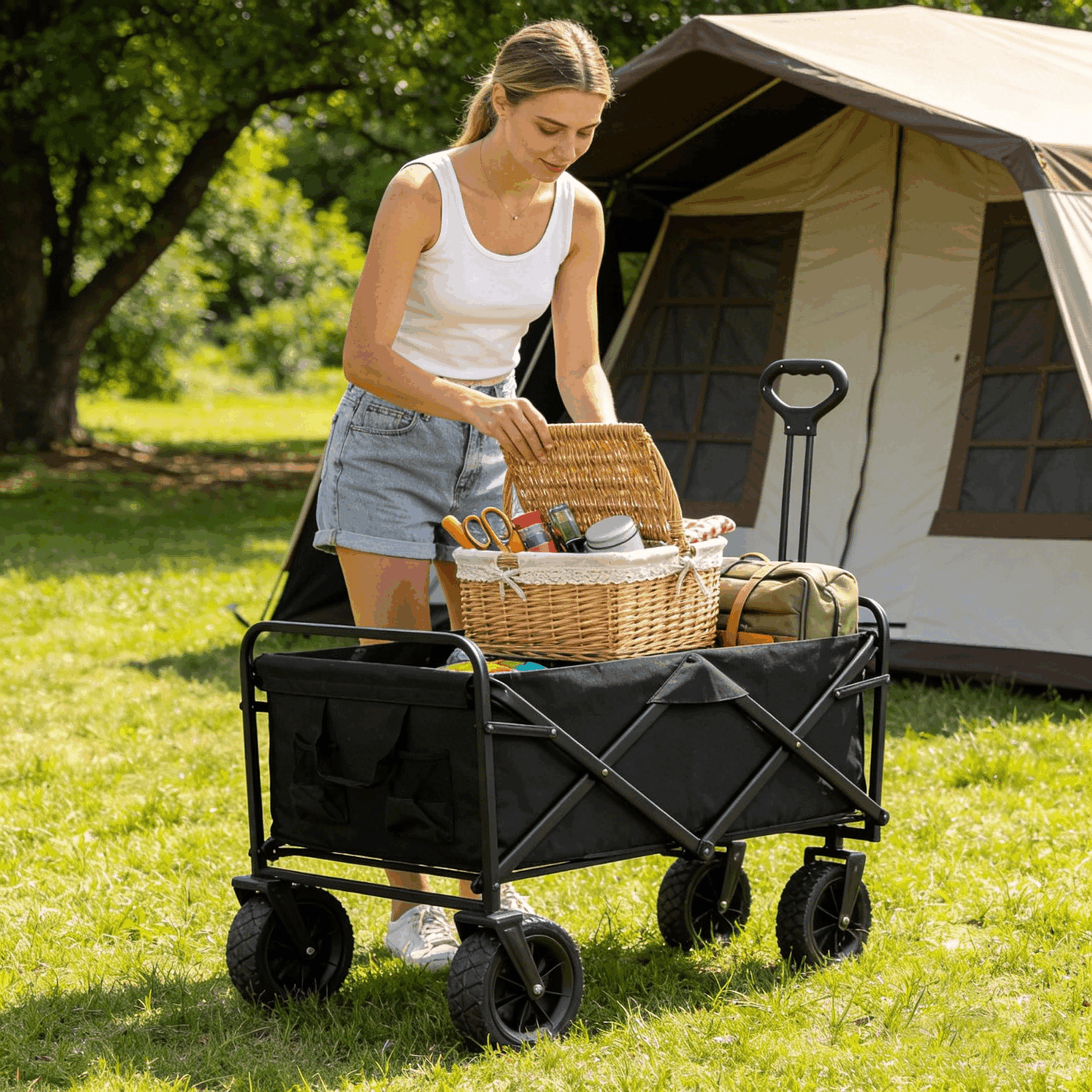 Foldable Wagon - 300lbs Collapsible Garden Carts with All Terrain Wheels for Outdoor Camping Sports Shopping Gardening - Heavy Duty Portable Utility Trolley (Black)
