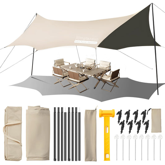 Camping Rain Fly with Heavy Duty Poles Kit, 15x10FT Tarp Oxfordfabric Tent Waterproof UV Protection, Fits 8-12 People for Outdoor Hammock Shelter Camping Tarp Pad, Hiking, Camper Gear