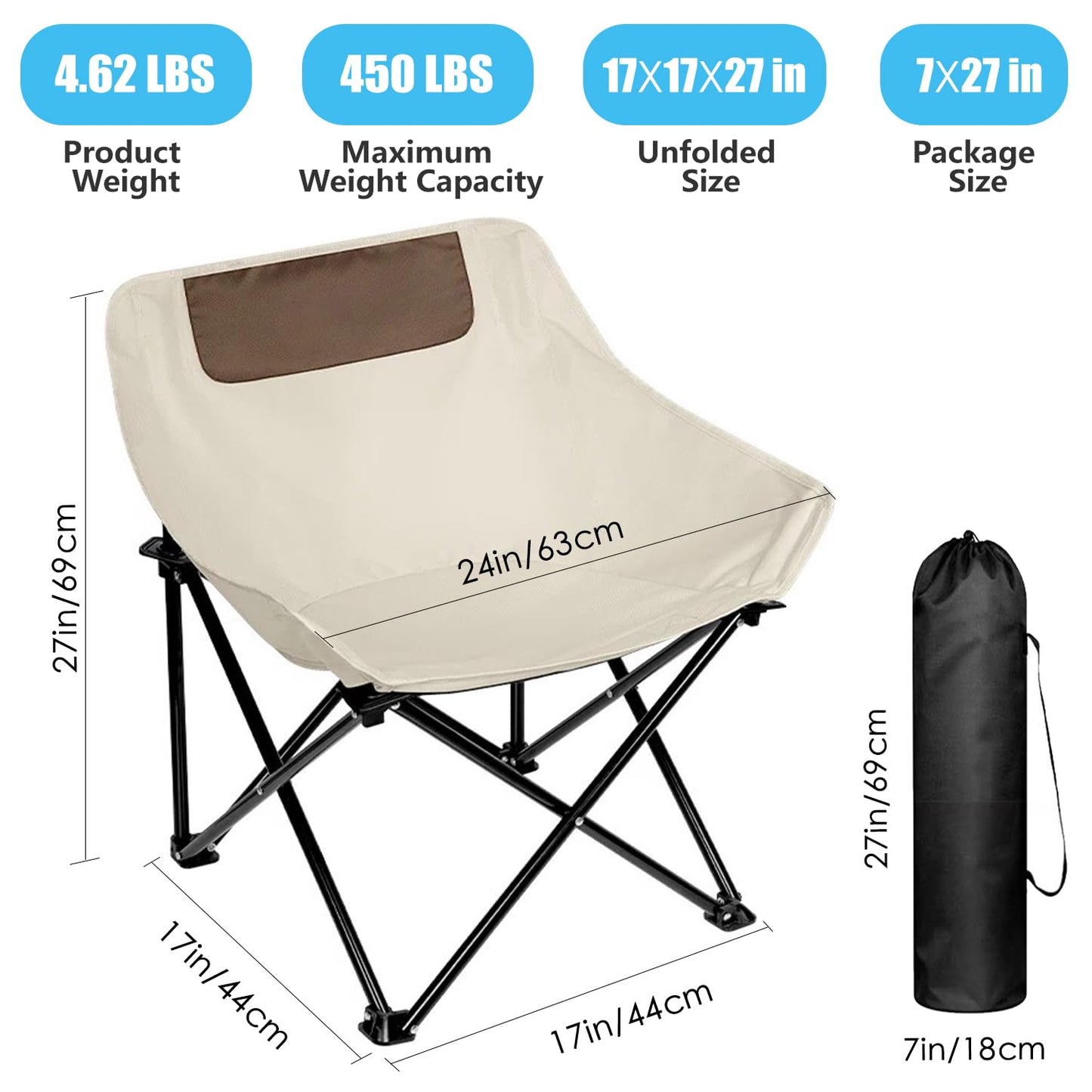 Folding Camping Chair, Portable Outdoor Backpacking Chair for Fishing, Hiking, Picnic, Camping, Beach, Lawn, Concert, Ultralight Compact Camping Chair with Carry Bag, 23"D x 14.2"W x 14.2"H (Beige)