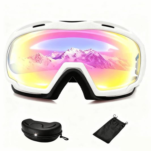 Christmas Ski Goggles OTG for Women & Men – Anti-Fog Mirrored Snowboard Goggles with UV400 Protection, Helmet Compatible, HD Clear Wide View + Hard Case
