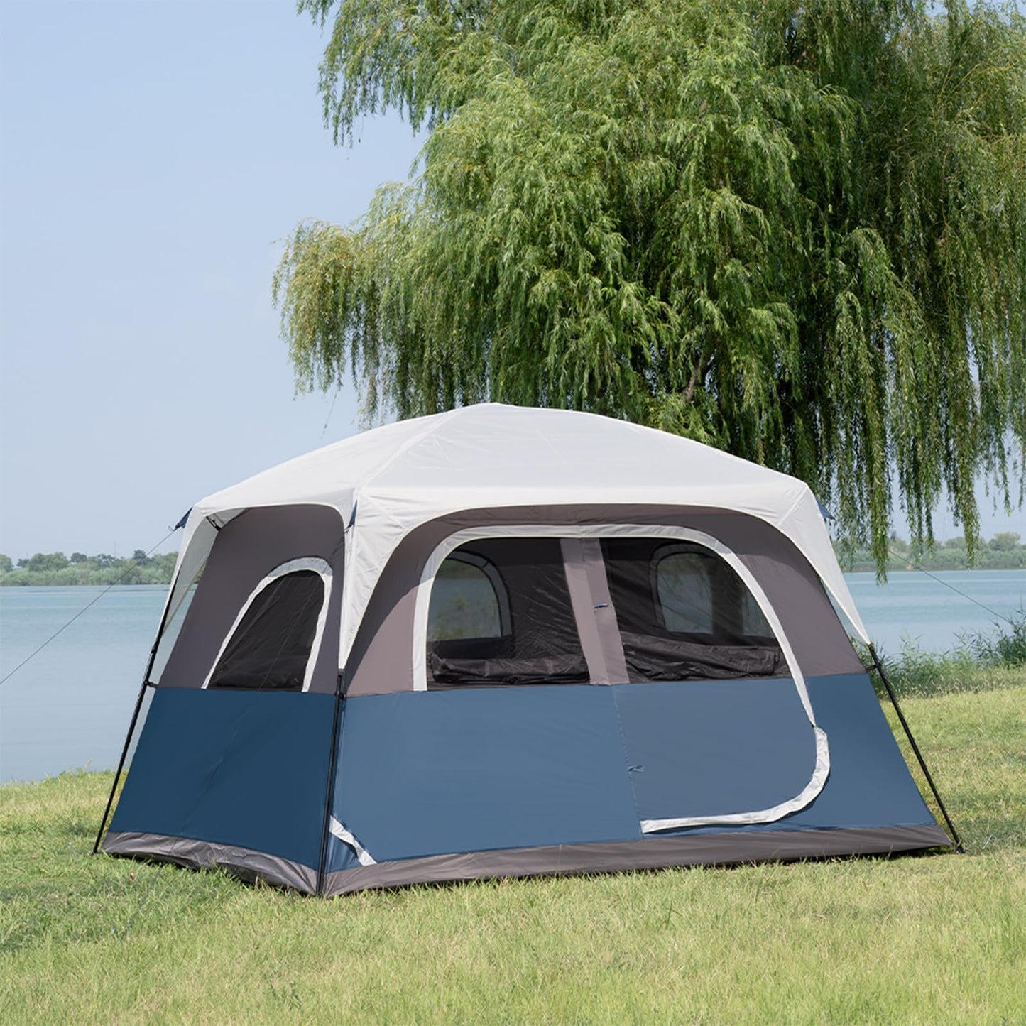 Outdoor Camping Tent Blue Grey 6 Person Tents Portable Large Instant Cabin Tent Easy Setup Waterproof Windproof with 5 Large Mesh Windows and Carry Bag for Outdoor Camping & Hiking