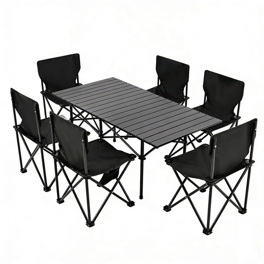 Camping Table Folding Portable Camp Table with 6 Chairs, Folding Picnic Table with Carry Bag Indoor Outdoor for Camping, Beach, Patio, RV, Backyard BBQ, Sturdy, Stable, Easy to Carry, Black