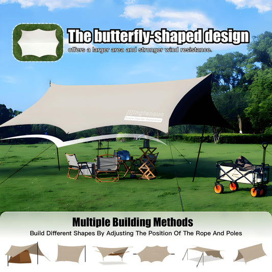 Camping Rain Fly with Heavy Duty Poles Kit, 15x10FT Tarp Oxfordfabric Tent Waterproof UV Protection, Fits 8-12 People for Outdoor Hammock Shelter Camping Tarp Pad, Hiking, Camper Gear