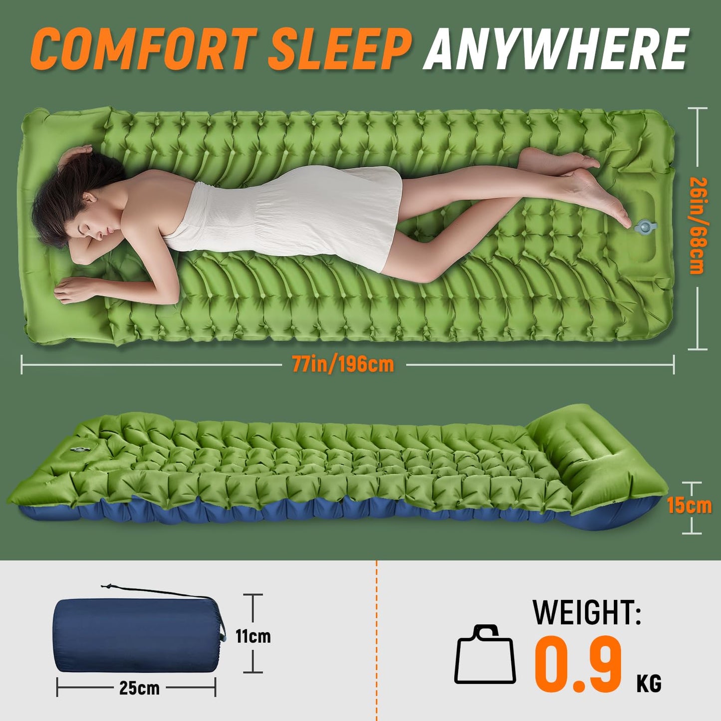 Camping Sleeping Pad, Self Inflating Sleeping Pad with Pillow Built-in Foot Pump Portable Inflatable Sleeping Pads Compact for Outdoor Camping, Backpacking, Hiking, Tents