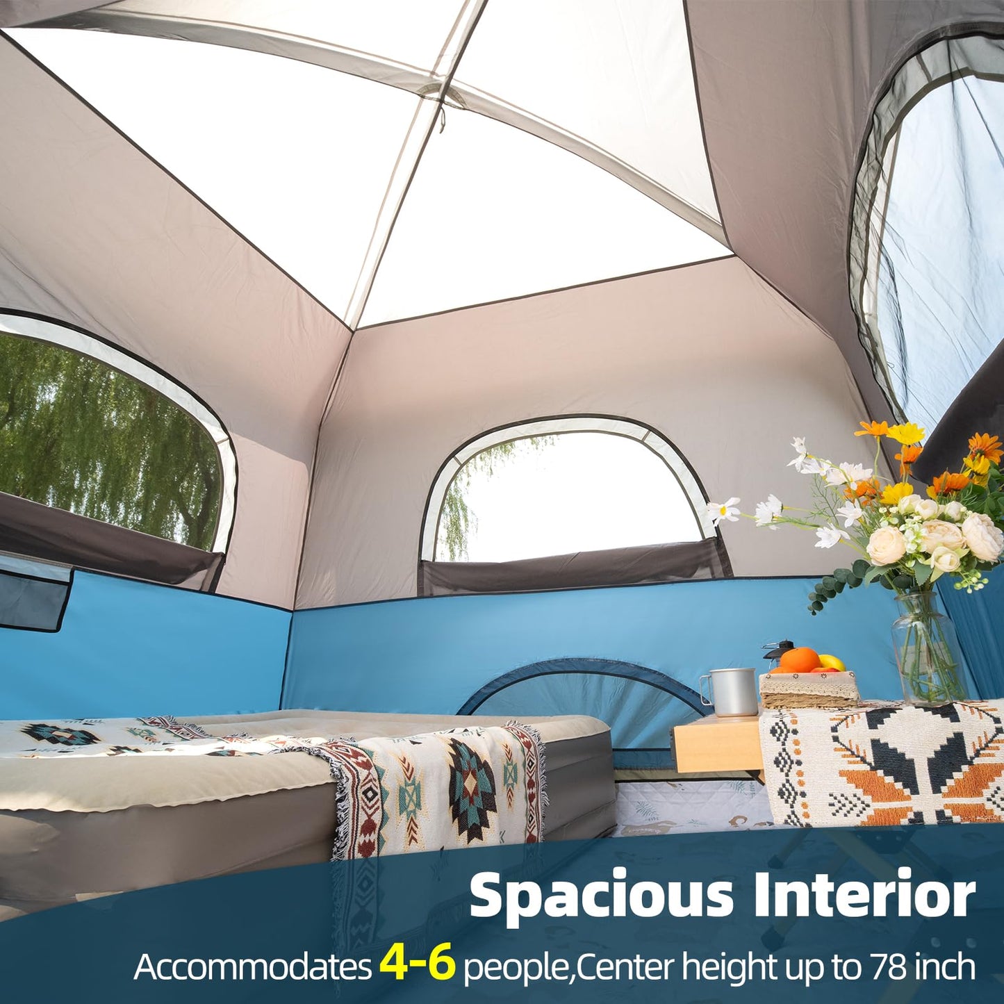 Outdoor Camping Tent Blue Grey 6 Person Tents Portable Large Instant Cabin Tent Easy Setup Waterproof Windproof with 5 Large Mesh Windows and Carry Bag for Outdoor Camping & Hiking