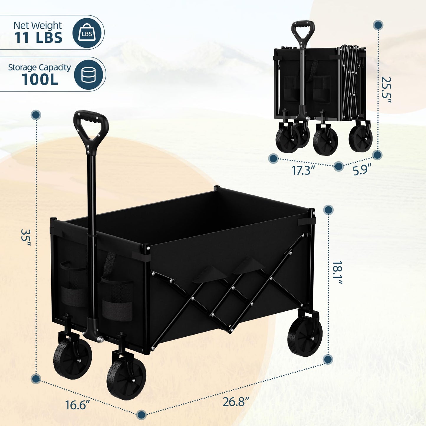 Collapsible Wagon 100L & 330LBS, Heavy Duty Wagon Carts Foldable, Portable Folding Wagons with All - Terrain Wheels & Drink Holders, for Grocery Camping Beach Shopping Garden, Black