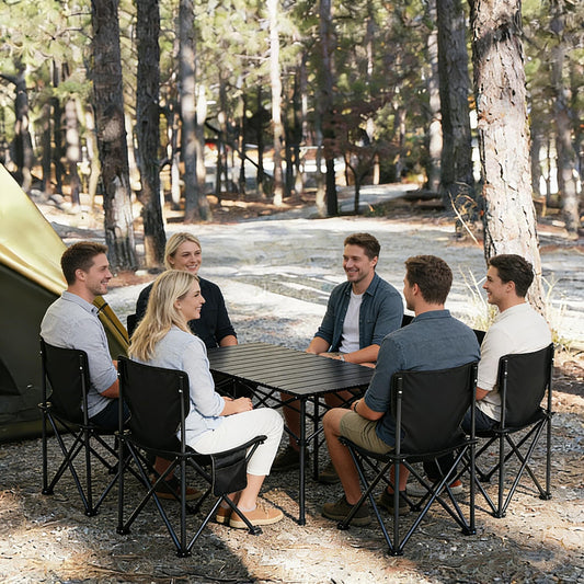 Camping Table Folding Portable Camp Table with 6 Chairs, Folding Picnic Table with Carry Bag Indoor Outdoor for Camping, Beach, Patio, RV, Backyard BBQ, Sturdy, Stable, Easy to Carry, Black