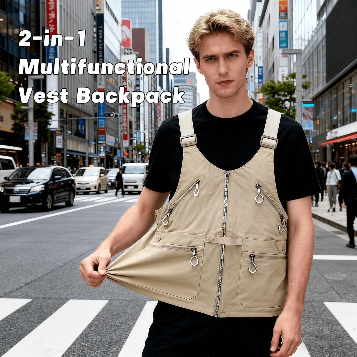 Outdoor Adventure 2-in-1 Multifunctional Vest Bag, Khaki Utility Work Vest Backpack with Multiple Pockets, Lightweight Crossbody Travel Bag for Photography, Hiking