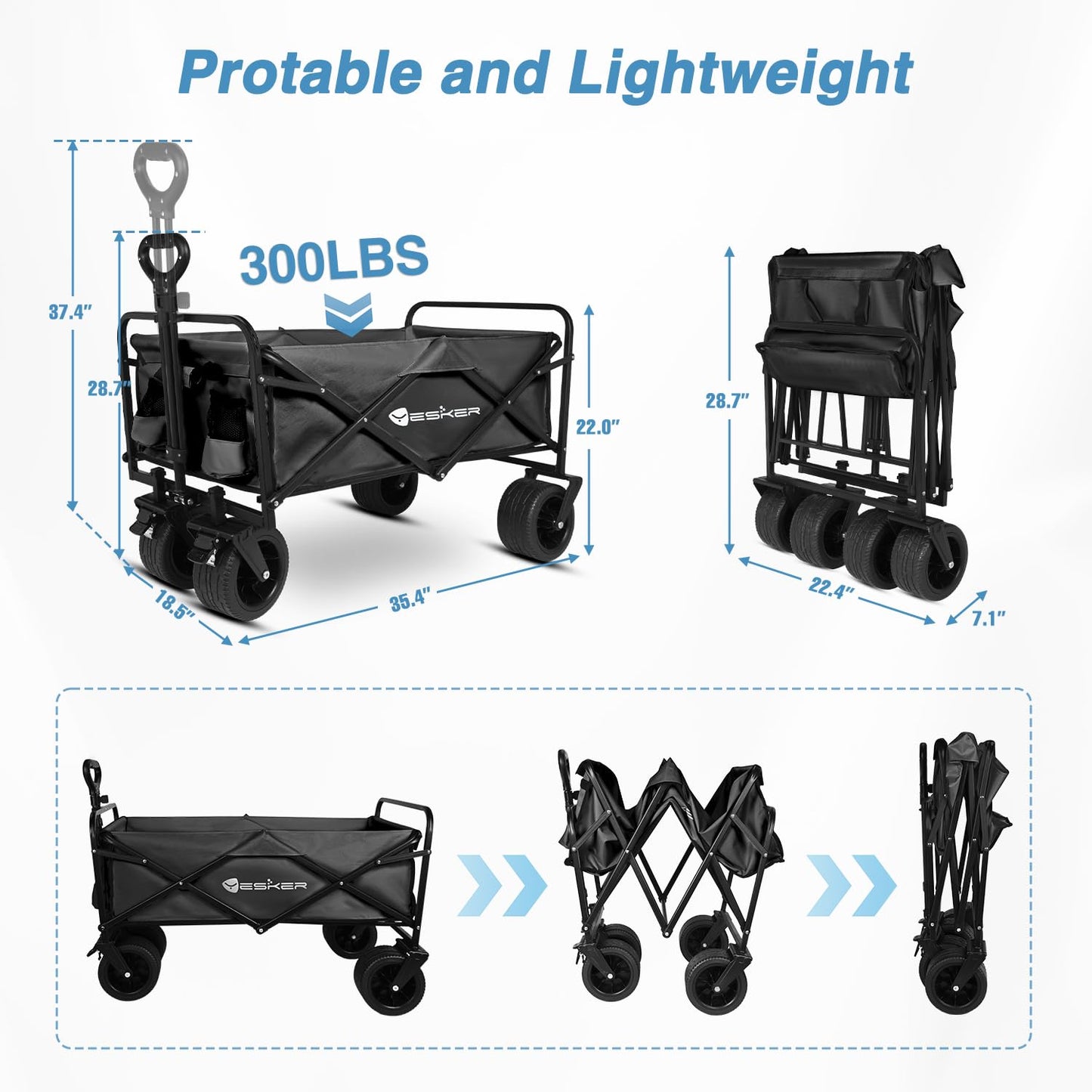 Foldable Wagon - 300lbs Collapsible Garden Carts with All Terrain Wheels for Outdoor Camping Sports Shopping Gardening - Heavy Duty Portable Utility Trolley (Black)