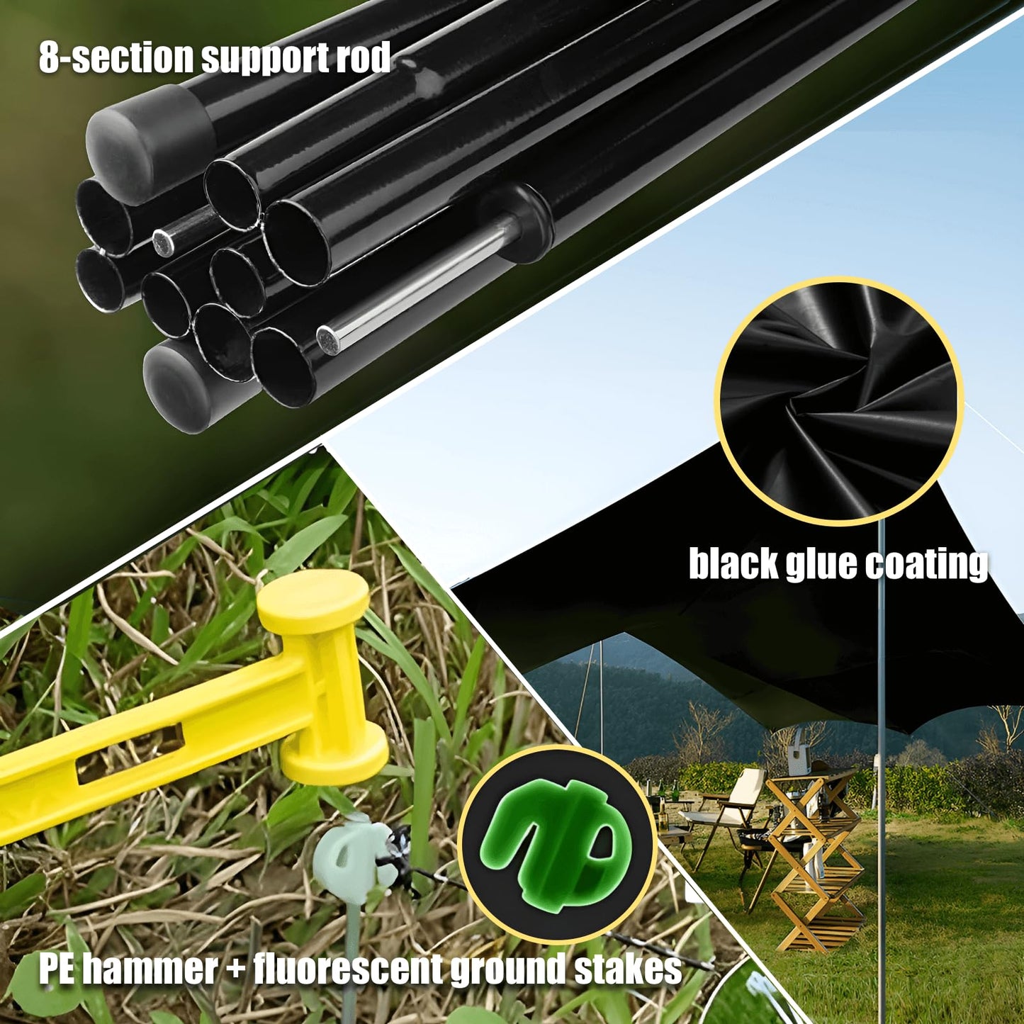 Camping Rain Fly with Heavy Duty Poles Kit, 15x10FT Tarp Oxfordfabric Tent Waterproof UV Protection, Fits 8-12 People for Outdoor Hammock Shelter Camping Tarp Pad, Hiking, Camper Gear