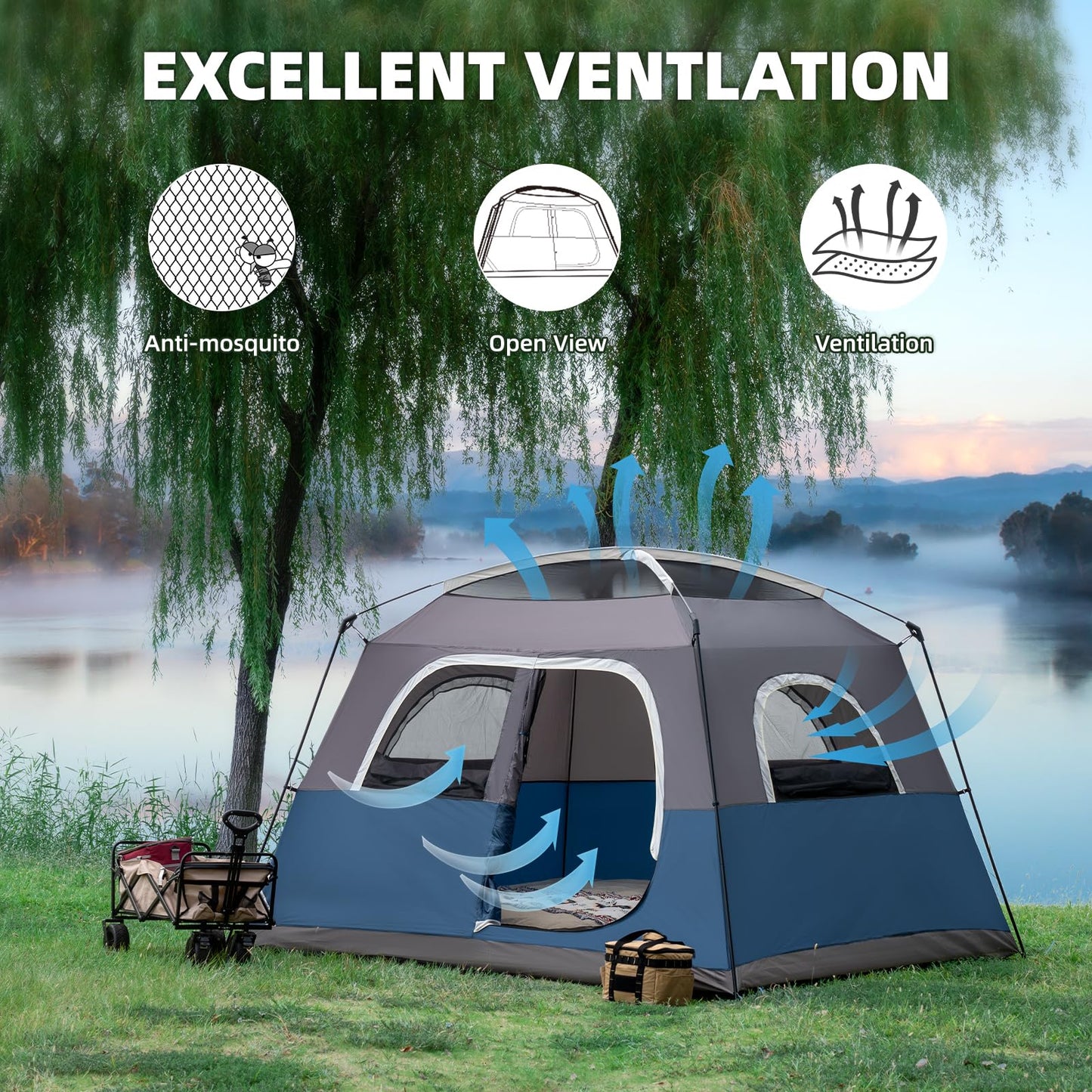 Outdoor Camping Tent Blue Grey 6 Person Tents Portable Large Instant Cabin Tent Easy Setup Waterproof Windproof with 5 Large Mesh Windows and Carry Bag for Outdoor Camping & Hiking