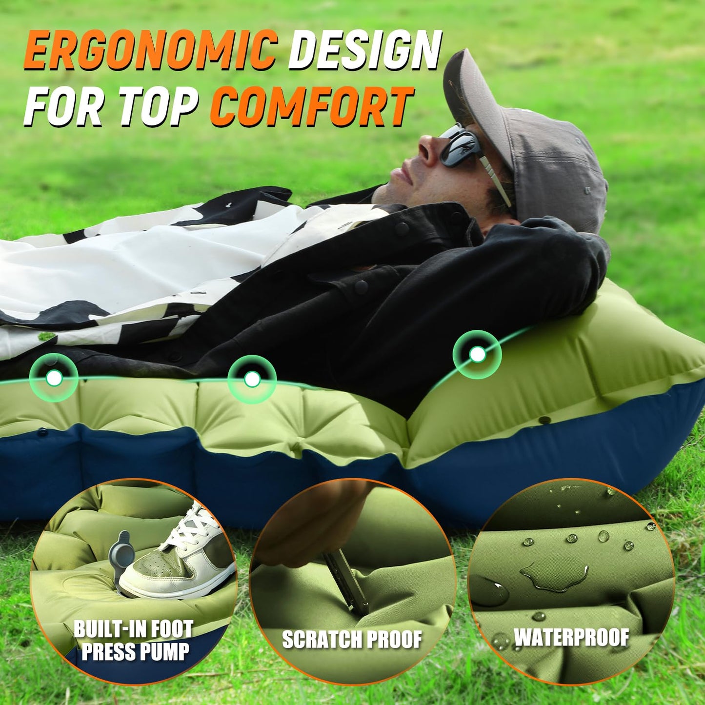 Camping Sleeping Pad, Self Inflating Sleeping Pad with Pillow Built-in Foot Pump Portable Inflatable Sleeping Pads Compact for Outdoor Camping, Backpacking, Hiking, Tents