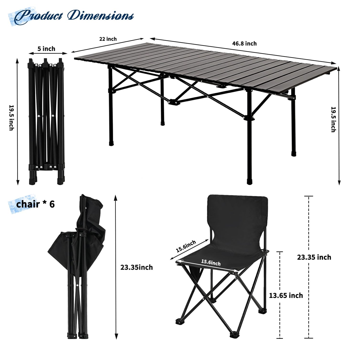 Camping Table Folding Portable Camp Table with 6 Chairs, Folding Picnic Table with Carry Bag Indoor Outdoor for Camping, Beach, Patio, RV, Backyard BBQ, Sturdy, Stable, Easy to Carry, Black