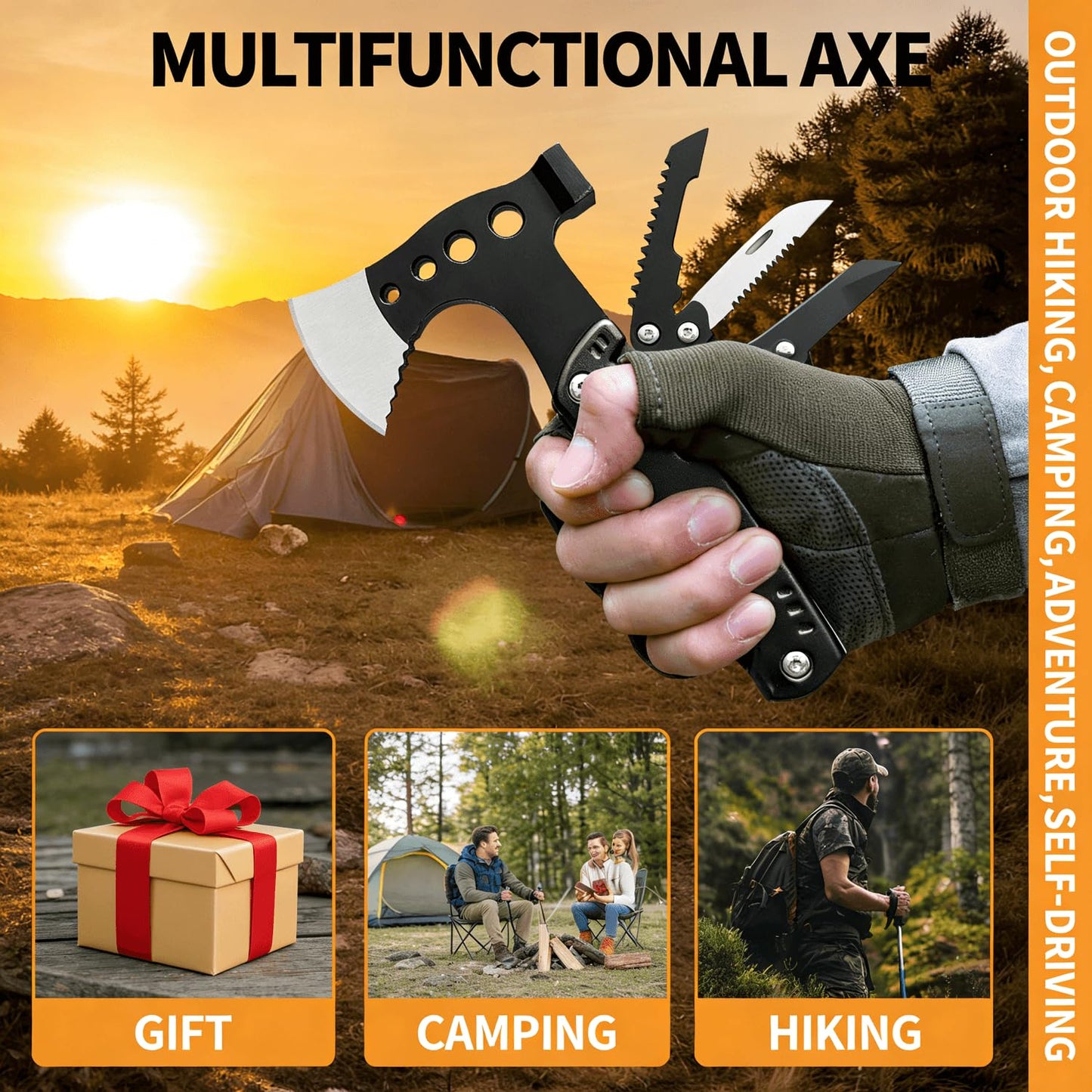 Multitool Axe Hammer Camping Accessories, Valentines Day Birthday Gifts for Him Men Husband, Survival Gear and Equipment, Unique Hunting Fishing Gift Ideas for Him Boyfriend Grandpa
