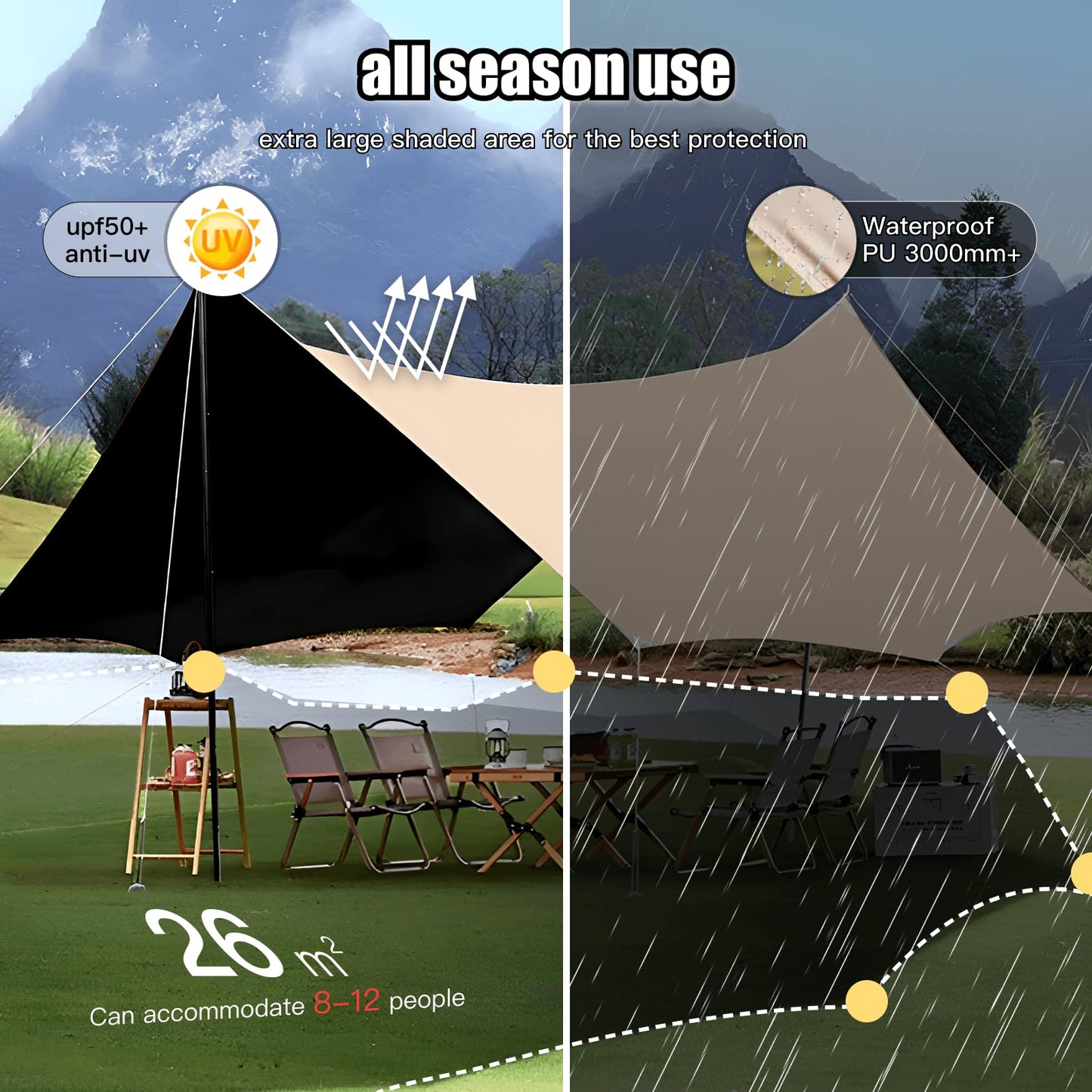 Camping Rain Fly with Heavy Duty Poles Kit, 15x10FT Tarp Oxfordfabric Tent Waterproof UV Protection, Fits 8-12 People for Outdoor Hammock Shelter Camping Tarp Pad, Hiking, Camper Gear