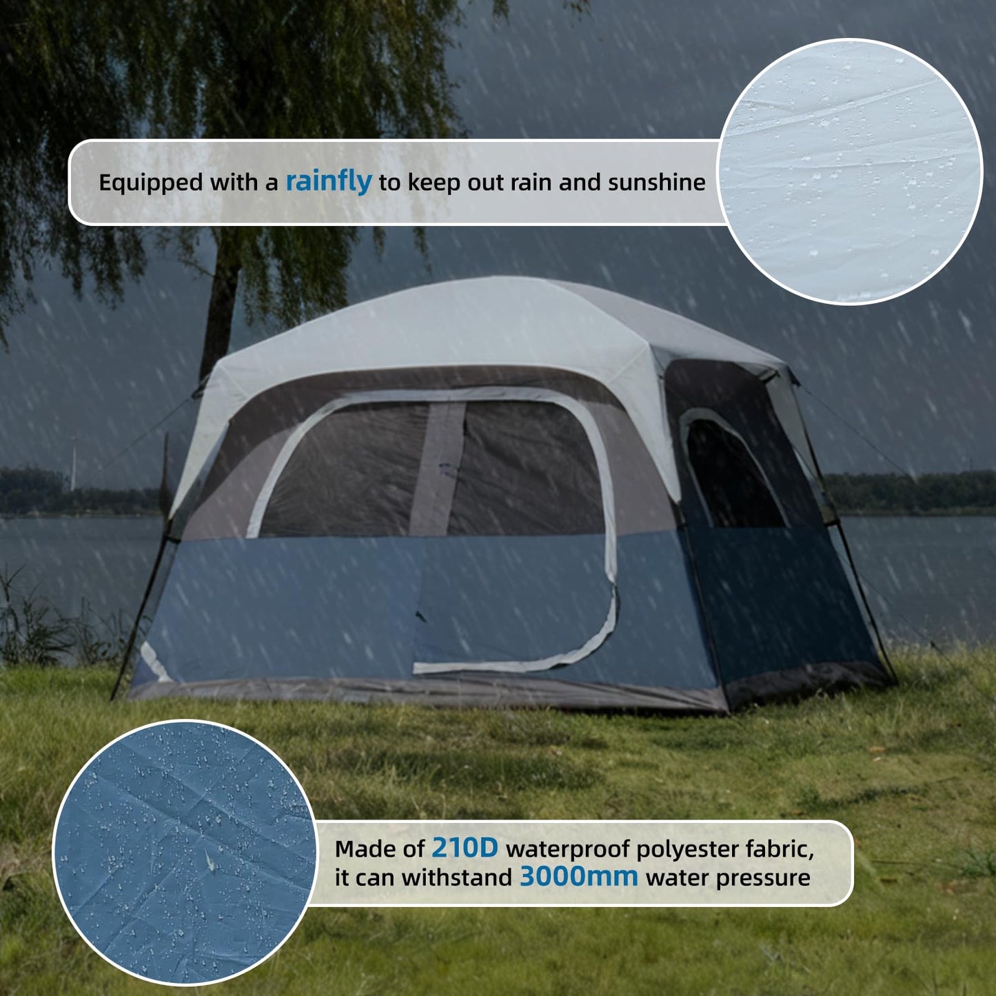 Outdoor Camping Tent Blue Grey 6 Person Tents Portable Large Instant Cabin Tent Easy Setup Waterproof Windproof with 5 Large Mesh Windows and Carry Bag for Outdoor Camping & Hiking