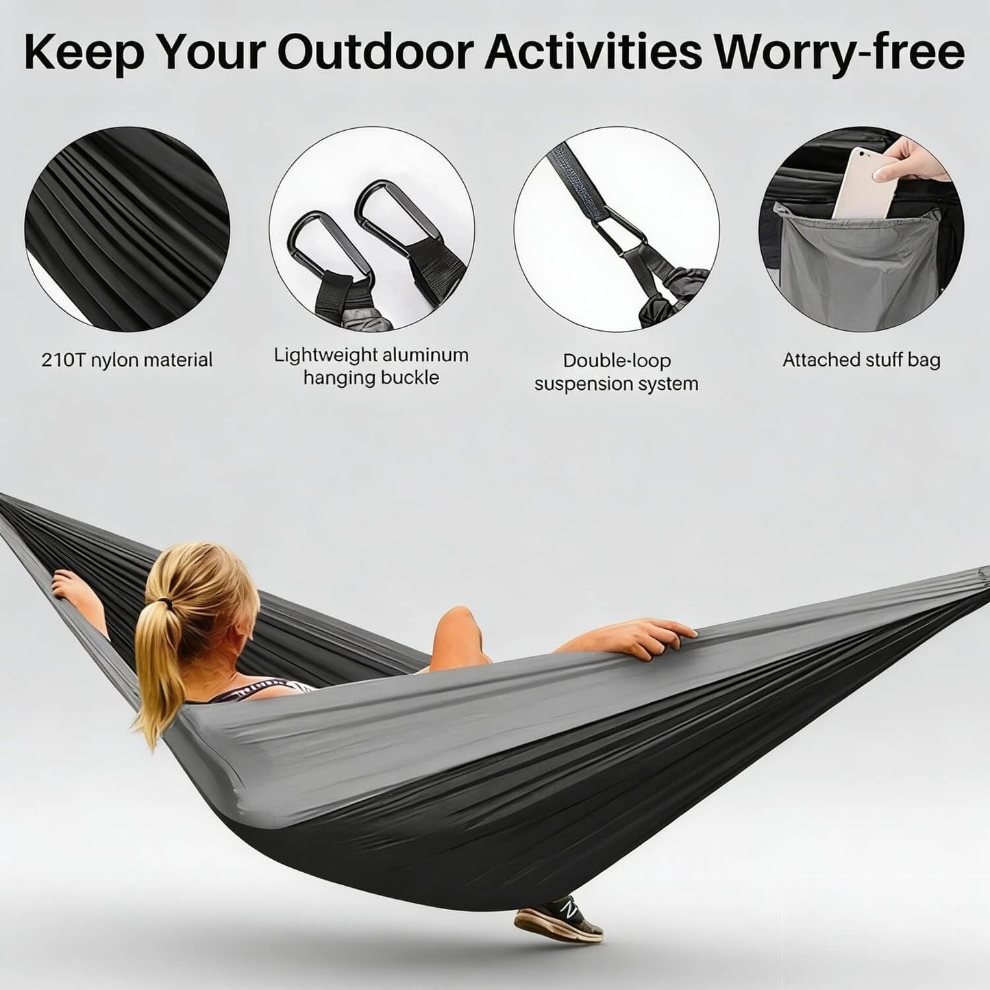 Camping Hammock, Portable Hammocks with Tree Straps & Attached Carry Bag, Camping Essentials Gear, Perfect for Outside Indoor Hiking Beach Backpack Travel