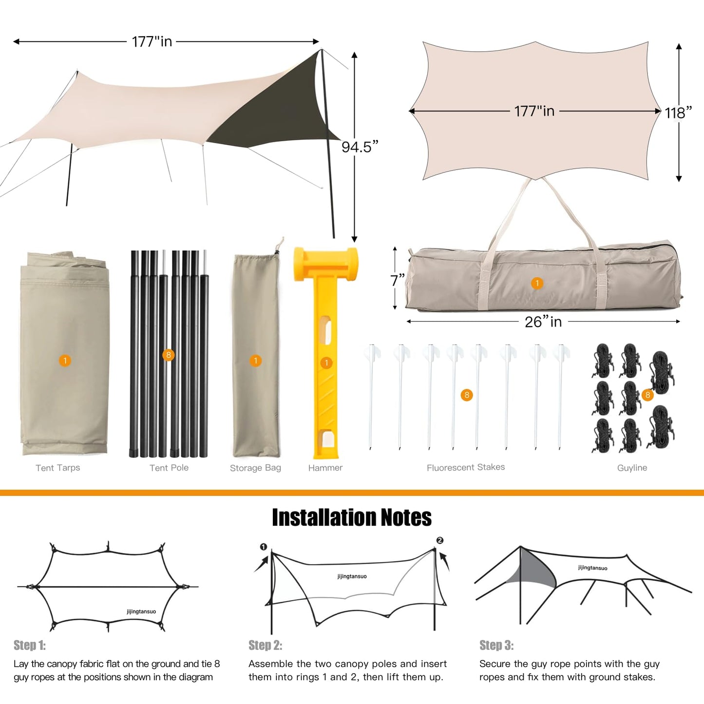 Camping Rain Fly with Heavy Duty Poles Kit, 15x10FT Tarp Oxfordfabric Tent Waterproof UV Protection, Fits 8-12 People for Outdoor Hammock Shelter Camping Tarp Pad, Hiking, Camper Gear