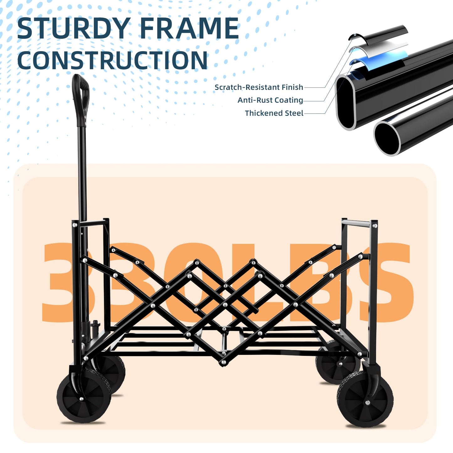 Collapsible Wagon 100L & 330LBS, Heavy Duty Wagon Carts Foldable, Portable Folding Wagons with All - Terrain Wheels & Drink Holders, for Grocery Camping Beach Shopping Garden, Black