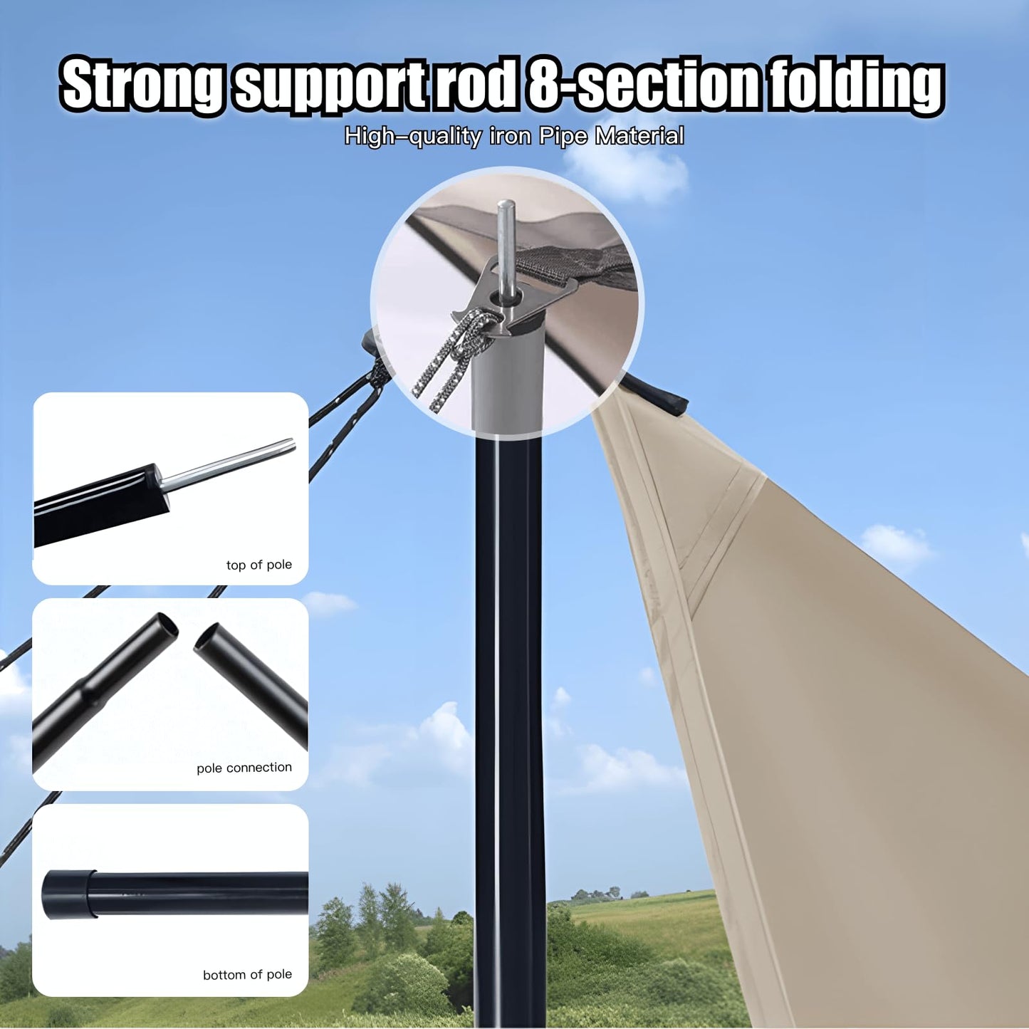 Camping Rain Fly with Heavy Duty Poles Kit, 15x10FT Tarp Oxfordfabric Tent Waterproof UV Protection, Fits 8-12 People for Outdoor Hammock Shelter Camping Tarp Pad, Hiking, Camper Gear