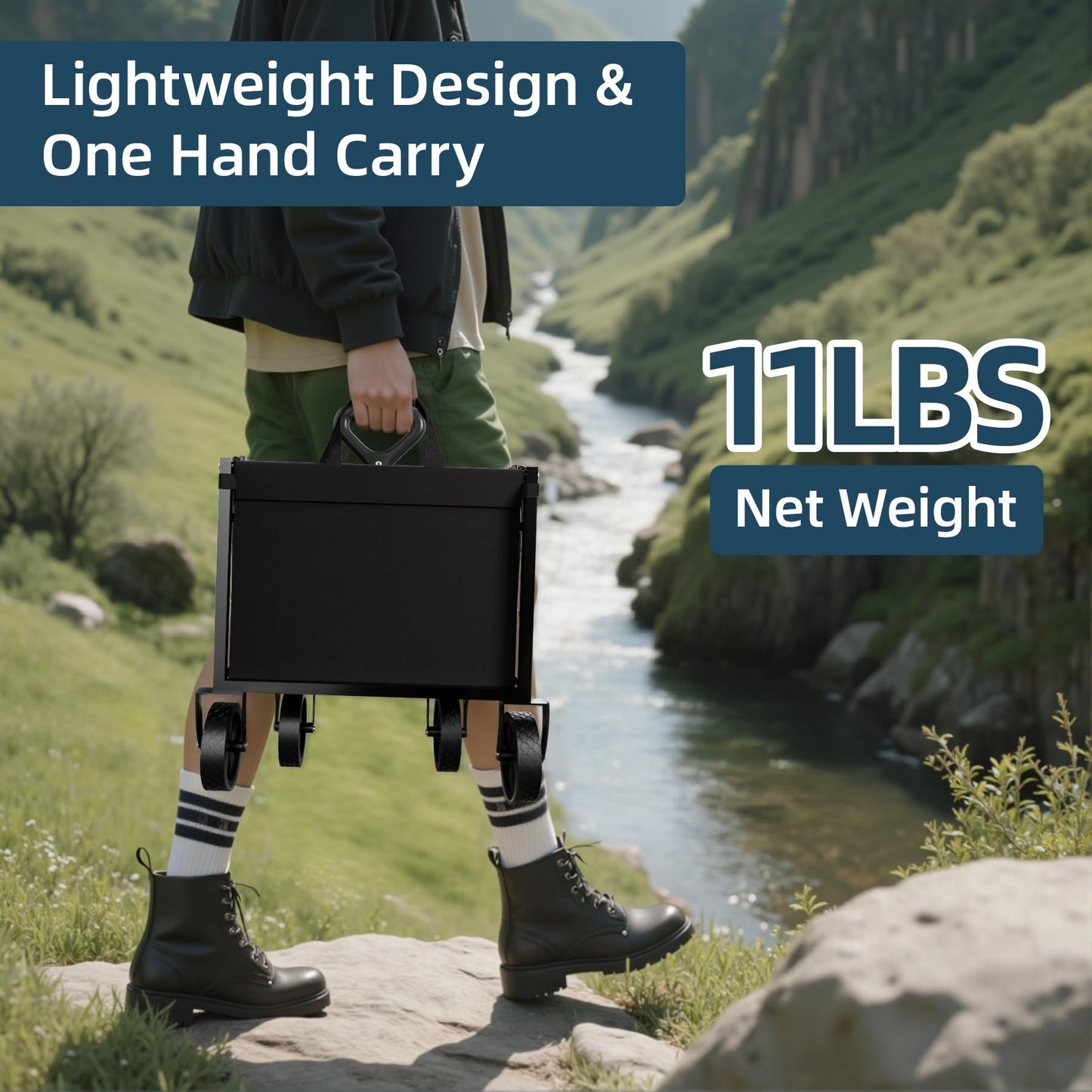 Collapsible Wagon 100L & 330LBS, Heavy Duty Wagon Carts Foldable, Portable Folding Wagons with All - Terrain Wheels & Drink Holders, for Grocery Camping Beach Shopping Garden, Black