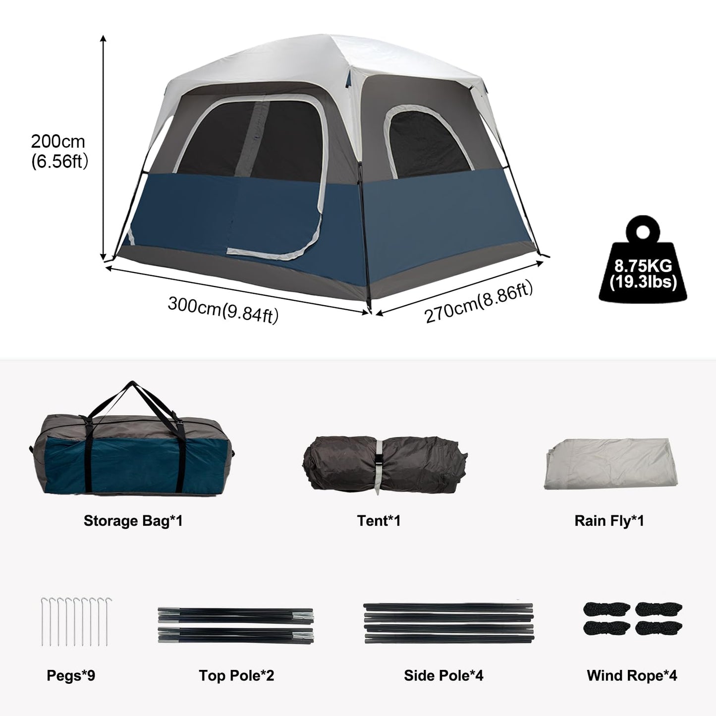Outdoor Camping Tent Blue Grey 6 Person Tents Portable Large Instant Cabin Tent Easy Setup Waterproof Windproof with 5 Large Mesh Windows and Carry Bag for Outdoor Camping & Hiking