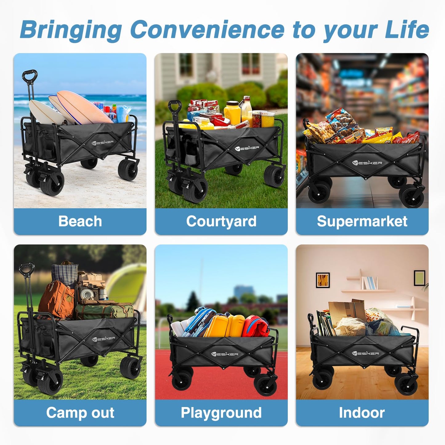Foldable Wagon - 300lbs Collapsible Garden Carts with All Terrain Wheels for Outdoor Camping Sports Shopping Gardening - Heavy Duty Portable Utility Trolley (Black)