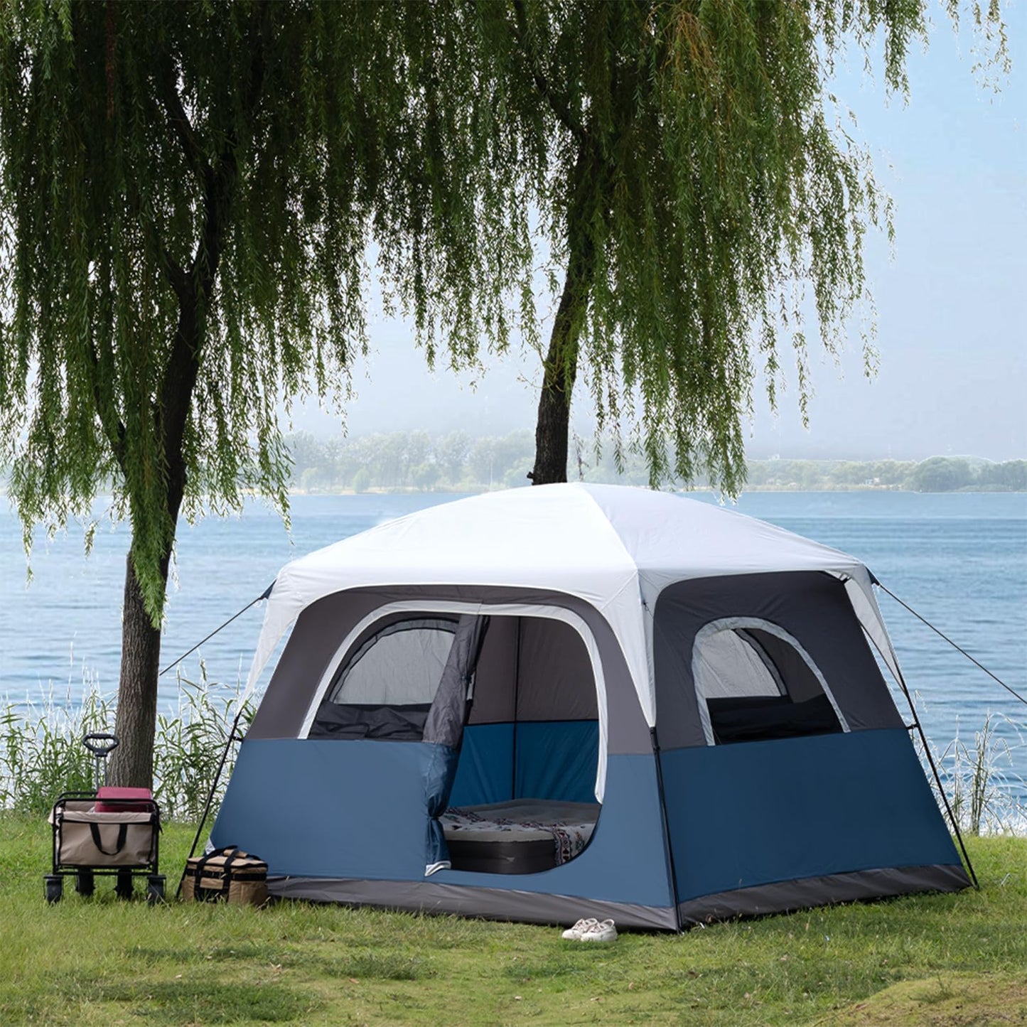 Outdoor Camping Tent Blue Grey 6 Person Tents Portable Large Instant Cabin Tent Easy Setup Waterproof Windproof with 5 Large Mesh Windows and Carry Bag for Outdoor Camping & Hiking