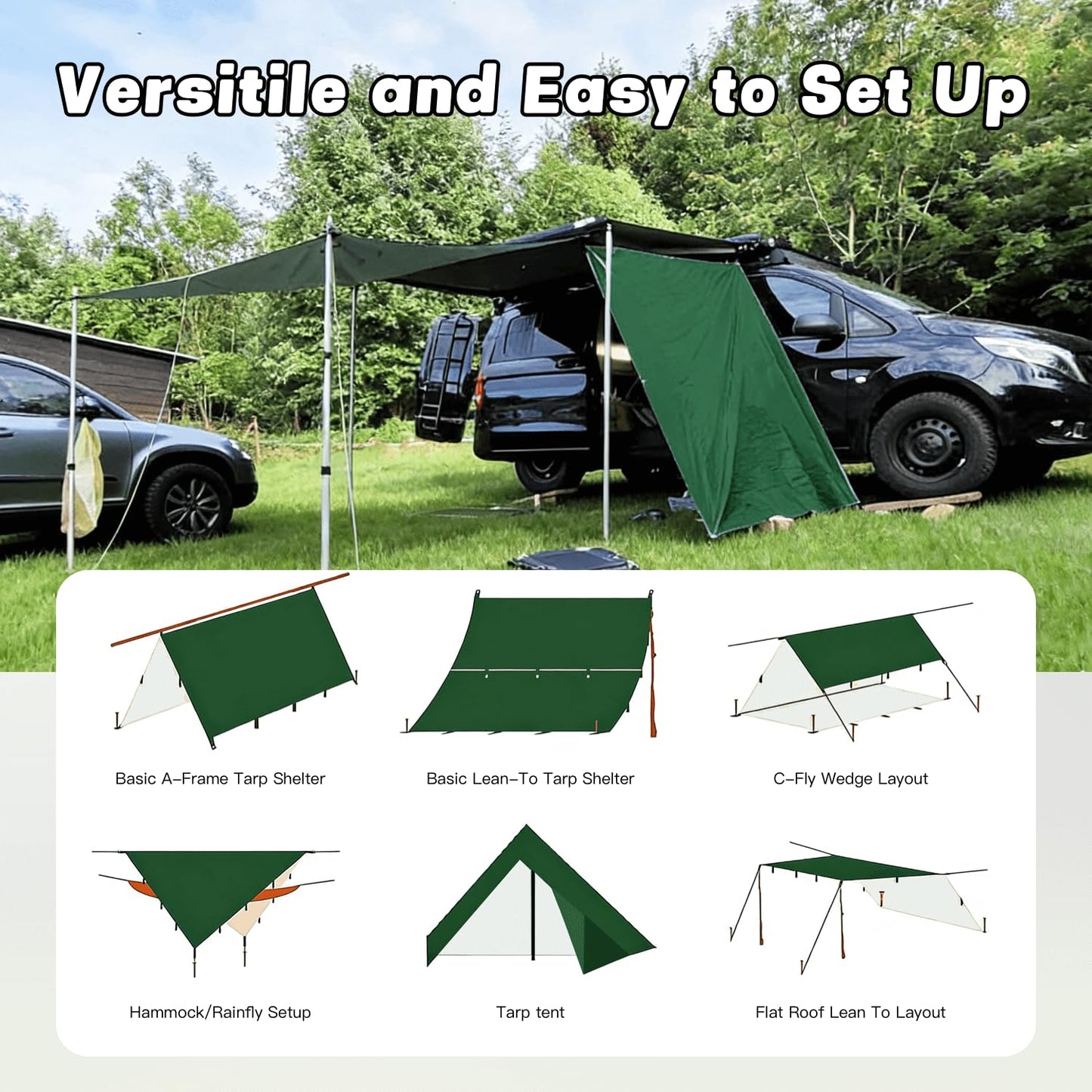 Waterproof Camping Tarp Tent Hammock Rain Fly, Mutifunctional Tent Footprint Lightweight Tarp for Camping, Hiking and Survival Shelter