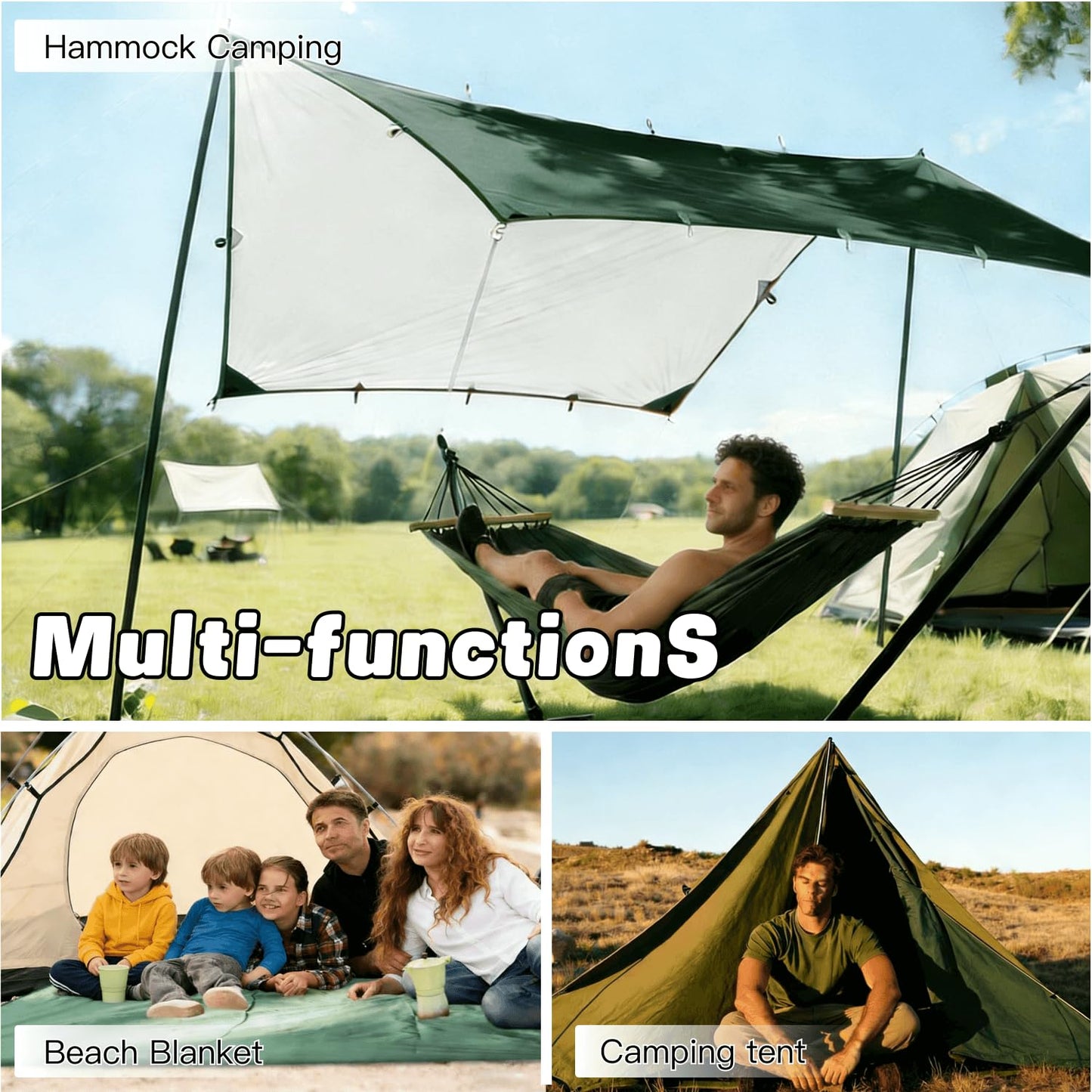 Waterproof Camping Tarp Tent Hammock Rain Fly, Mutifunctional Tent Footprint Lightweight Tarp for Camping, Hiking and Survival Shelter